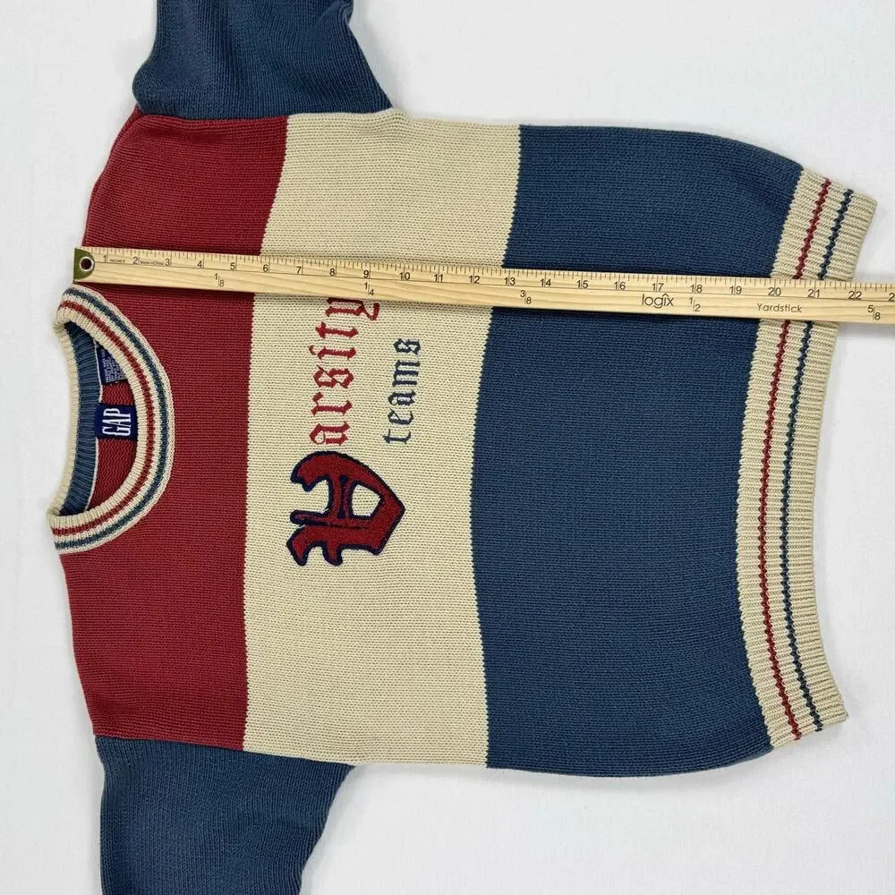 Gap Kids Vintage 80s Varsity Teams Knit Sweater Large Red Beige Blue 100% Cotton